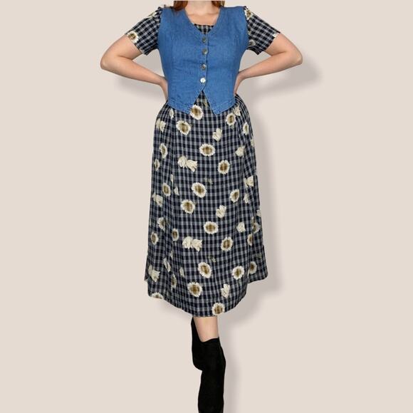 Vintage Croft & Barrow Medium Chambray Plaid Sunflower Layered Vest Midi Dress - Picture 6 of 12